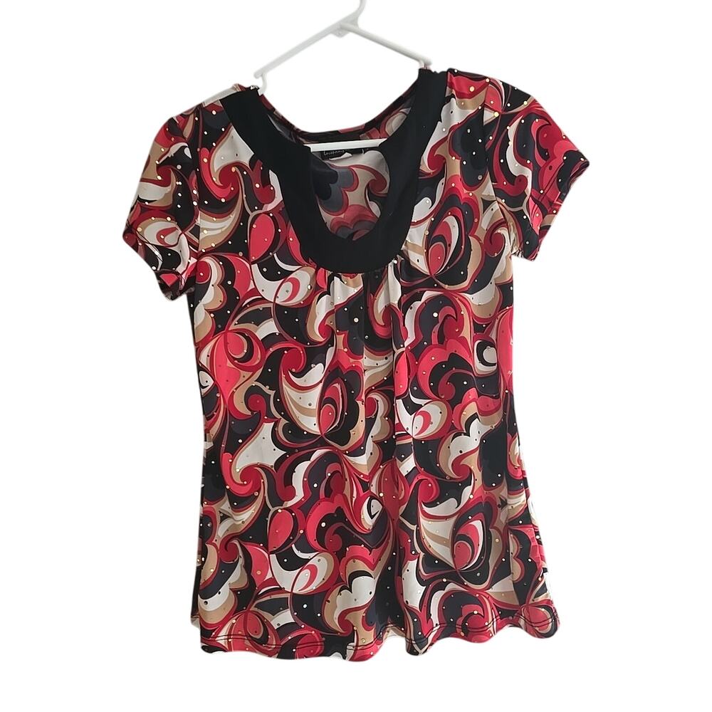 Brittany‎ Black Y2K Red Pink Swirl Short Sleeve Preppy Top Womans Size Small